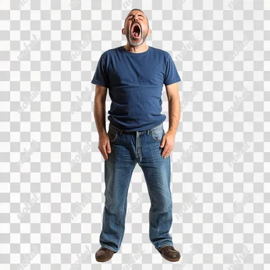 create a yawning man, full-length, wearing blue jeans and a blue T-shirt, white background