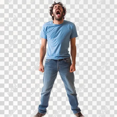 create a yawning man, full-length, wearing blue jeans and a blue T-shirt, white background