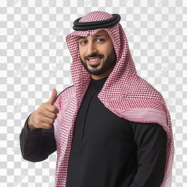 Arab middle eastern Saudi man in traditional formal Custom, on white isolated background, with pose, He points to something