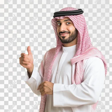 Arab middle eastern Saudi man in traditional formal Custom, on white isolated background, with pose, He points to something