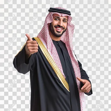 Arab middle eastern Saudi man in traditional formal Custom, on white isolated background, with pose, He points to something