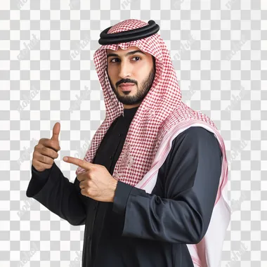 Arab middle eastern Saudi man in traditional formal Custom, on white isolated background, with pose, He points to something