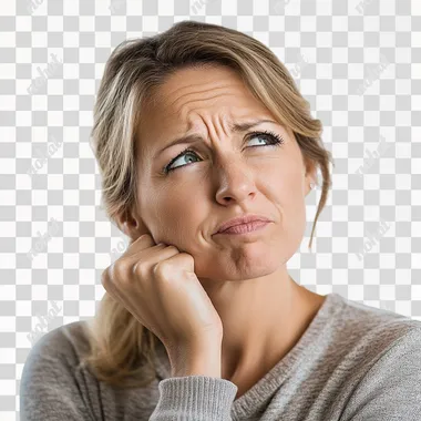 We see a woman aged 45. She tilts her head a little questioningly and seems to be thinking tensely about something. Her facial expression is concentrated but tense. No background, white background.