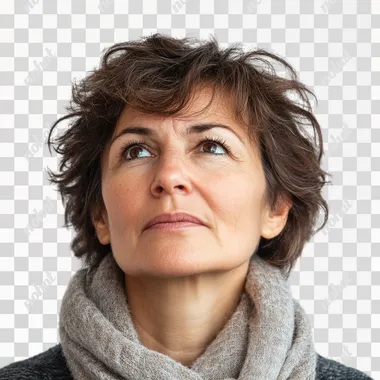 We see a woman aged 45. She tilts her head a little questioningly and seems to be thinking tensely about something. Her facial expression is concentrated but tense. No background, white background.