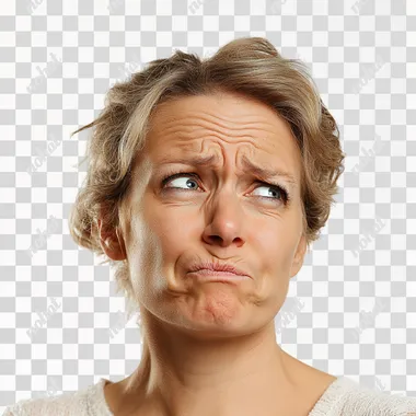 We see a woman aged 45. She tilts her head a little questioningly and seems to be thinking tensely about something. Her facial expression is concentrated but tense. No background, white background.