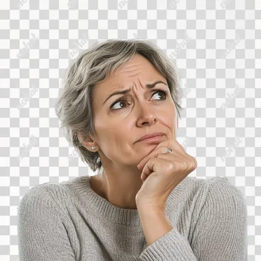 We see a woman aged 45. She tilts her head a little questioningly and seems to be thinking tensely about something. Her facial expression is concentrated but tense. No background, white background.