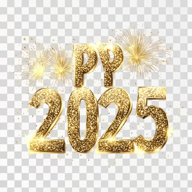 Happy New Year! Sparkling text "2025" is isolated on a white background. The golden light effect with a burning firework text number is for celebration and a romantic moment in a party or wedding ceremony.