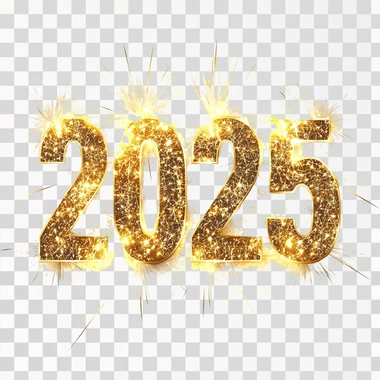 Happy New Year! Sparkling text "2025" is isolated on a white background. The golden light effect with a burning firework text number is for celebration and a romantic moment in a party or wedding ceremony.