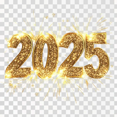 Happy New Year! Sparkling text "2025" is isolated on a white background. The golden light effect with a burning firework text number is for celebration and a romantic moment in a party or wedding ceremony.