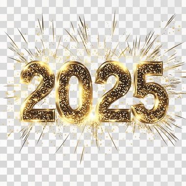 Happy New Year! Sparkling text "2025" is isolated on a white background. The golden light effect with a burning firework text number is for celebration and a romantic moment in a party or wedding ceremony.