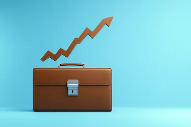 Business briefcase with an upward graph, isolated on a blue background, in an illustration style; a stock photo. This represents the concept of business growth, a stock photography image of high resolution.