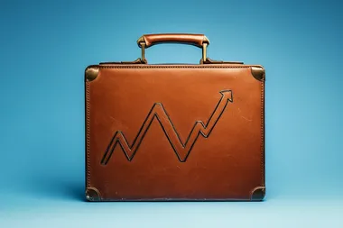 Business briefcase with an upward graph, isolated on a blue background, in an illustration style; a stock photo. This represents the concept of business growth, a stock photography image of high resolution.