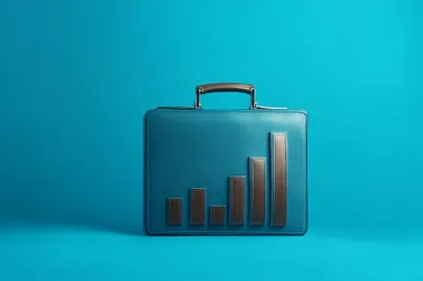 Business briefcase with an upward graph, isolated on a blue background, in an illustration style; a stock photo. This represents the concept of business growth, a stock photography image of high resolution.