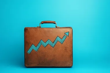 Business briefcase with an upward graph, isolated on a blue background, in an illustration style; a stock photo. This represents the concept of business growth, a stock photography image of high resolution.