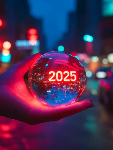 Hand holding a glowing crystal ball with "2025" text inside, a New Year concept. Glowing hologram numbers in the glass sphere on a dark, blurred city street background. A digital, futuristic collage.