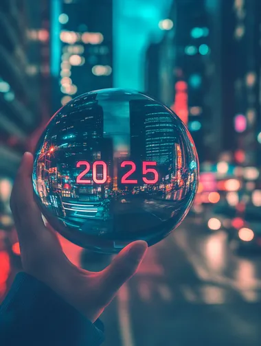 Hand holding a glowing crystal ball with "2025" text inside, a New Year concept. Glowing hologram numbers in the glass sphere on a dark, blurred city street background. A digital, futuristic collage.