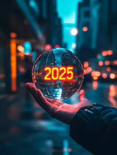 Hand holding a glowing crystal ball with "2025" text inside, a New Year concept. Glowing hologram numbers in the glass sphere on a dark, blurred city street background. A digital, futuristic collage.