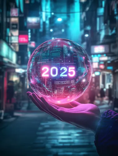 Hand holding a glowing crystal ball with "2025" text inside, a New Year concept. Glowing hologram numbers in the glass sphere on a dark, blurred city street background. A digital, futuristic collage.