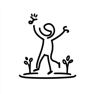 minimalist black line art of a dancing stickperson gardening on a transparent background