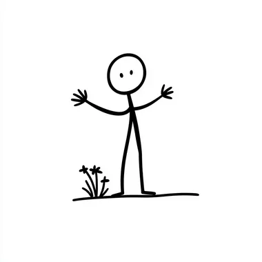 minimalist black line art of a dancing stickperson gardening on a transparent background
