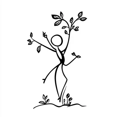 minimalist black line art of a dancing stickperson gardening on a transparent background