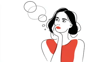 simple illustration of woman, upper body only, large facial proportions, thought bubble floating near head, minimalist line drawing style, flat design, simple facial features, modern vector illustration, uncluttered composition