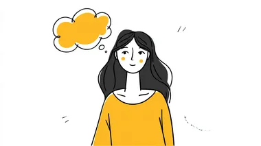 simple illustration of woman, upper body only, large facial proportions, thought bubble floating near head, minimalist line drawing style, flat design, simple facial features, modern vector illustration, uncluttered composition