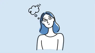 simple illustration of woman, upper body only, large facial proportions, thought bubble floating near head, minimalist line drawing style, flat design, simple facial features, modern vector illustration, uncluttered composition