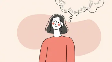 simple illustration of woman, upper body only, large facial proportions, thought bubble floating near head, minimalist line drawing style, flat design, simple facial features, modern vector illustration, uncluttered composition
