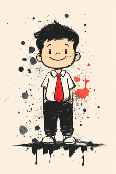 cute cartoon boy witn a red pioneer tie, full body, doodle inthe style of Keith Haring, sharpie illustration, boldines and solid colors, simple details, minimalist