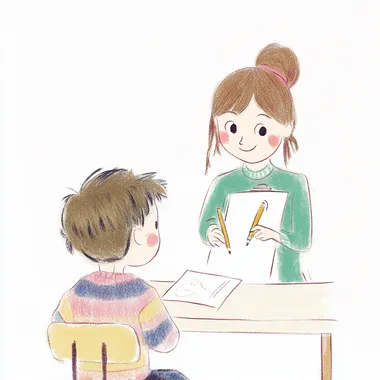 delightful and heartwarming sketchnote of a cute boy sitting at his desk drawing and his teacher stands in a distance she is holding a clipboard and writing, fun vibes, 2D illustration, childlike, delicate sketch, with color, rosy cheeks, preppy fuzzy striped sweater, preppy hair bun, warm smile, line sketchnote, white background, full body, inspired by haddon sundblom rofile ylhckzs