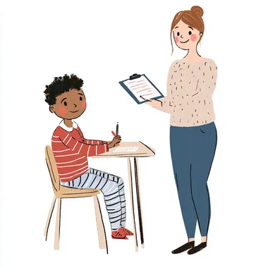delightful and heartwarming sketchnote of a cute boy sitting at his desk drawing and his teacher stands in a distance she is holding a clipboard and writing, fun vibes, 2D illustration, childlike, delicate sketch, with color, rosy cheeks, preppy fuzzy striped sweater, preppy hair bun, warm smile, line sketchnote, white background, full body, inspired by haddon sundblom rofile ylhckzs