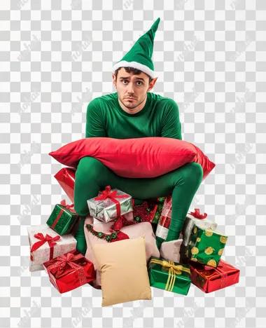 Photo of a man in elf costume. He looks tired. He is siting on a pillow. Under the pillow there is a pile of christmas presents. Isolated on the white background