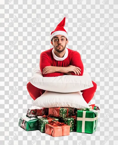 Photo of a man in elf costume. He looks tired. He is siting on a pillow. Under the pillow there is a pile of christmas presents. Isolated on the white background