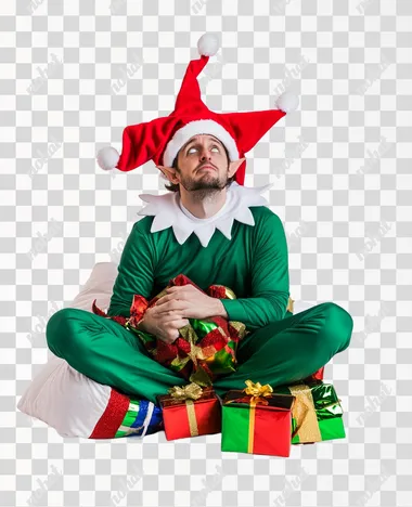 Photo of a man in elf costume. He looks tired. He is siting on a pillow. Under the pillow there is a pile of christmas presents. Isolated on the white background
