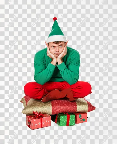 Photo of a man in elf costume. He looks tired. He is siting on a pillow. Under the pillow there is a pile of christmas presents. Isolated on the white background