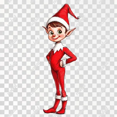 drawing of elf on the shelf, from feet to head, white background, standing