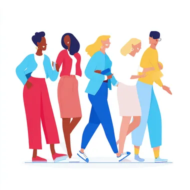 Alegria Buck Design Studios Style Diverse Group of happy people meeting connecting with each other joyful talking isolated on white - colorful clothing and shoes minimal vector style  --raw