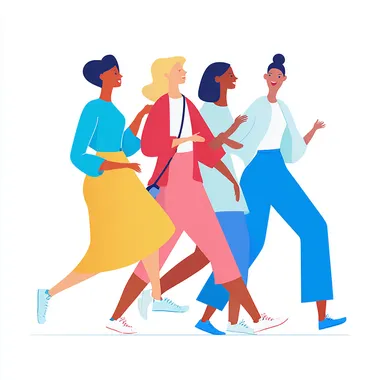 Alegria Buck Design Studios Style Diverse Group of happy people meeting connecting with each other joyful talking isolated on white - colorful clothing and shoes minimal vector style  --raw