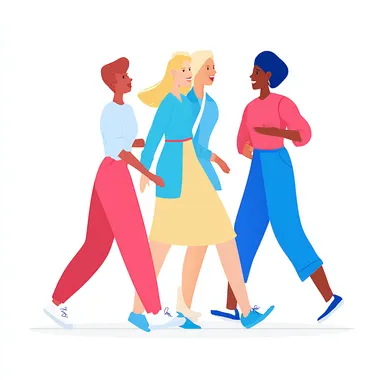 Alegria Buck Design Studios Style Diverse Group of happy people meeting connecting with each other joyful talking isolated on white - colorful clothing and shoes minimal vector style  --raw