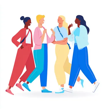 Alegria Buck Design Studios Style Diverse Group of happy people meeting connecting with each other joyful talking isolated on white - colorful clothing and shoes minimal vector style  --raw