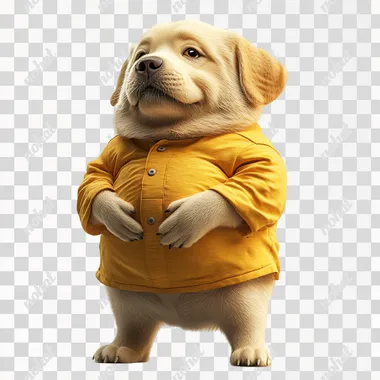 A very cute Labrador retriever, the Labrador retriever looks down at its big belly, wearing a yellow short-sleeved shirt, standing on its hind legs, its fat belly showing, 3D, 8K, HD, super detail, white background --s 250