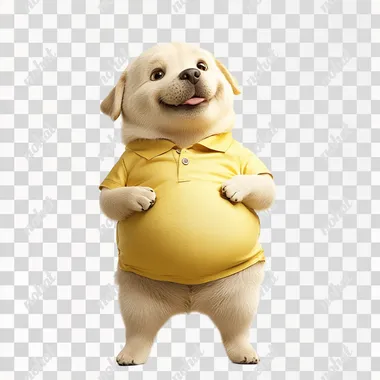 A very cute Labrador retriever, the Labrador retriever looks down at its big belly, wearing a yellow short-sleeved shirt, standing on its hind legs, its fat belly showing, 3D, 8K, HD, super detail, white background --s 250