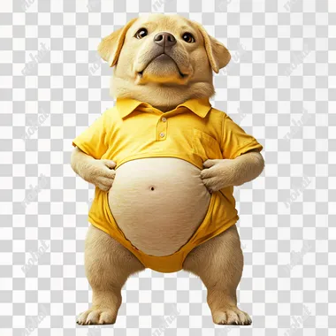A very cute Labrador retriever, the Labrador retriever looks down at its big belly, wearing a yellow short-sleeved shirt, standing on its hind legs, its fat belly showing, 3D, 8K, HD, super detail, white background --s 250