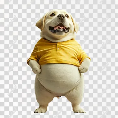 A very cute Labrador retriever, the Labrador retriever looks down at its big belly, wearing a yellow short-sleeved shirt, standing on its hind legs, its fat belly showing, 3D, 8K, HD, super detail, white background --s 250