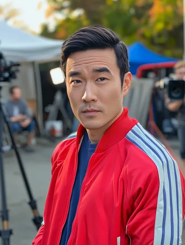 Realistic, high-quality photograph of a well-groomed Asian man dressed in the guard tracksuit from 'Squid Game,' on a typical filming set. The mans face should have natural, human-like features, with realistic skin texture, no smoothing or artificial effects. His facial expression should be neutral, resembling a real actor in a natural, candid moment. The background should show an everyday filming environment, with elements like softbox lights, cameras on tripods, crew members working, and basic props like chairs and cables scattered around. The atmosphere should feel authentic, with the set appearing cluttered but realistic, and the lighting should be soft and natural, with no blur or distortion in the image. The full-body shot should focus on the actor in the middle of a relaxed filming moment, with clear details and no stylization. The photo was taken on iPhone, in casual. Posted on snapchat.   --s 50