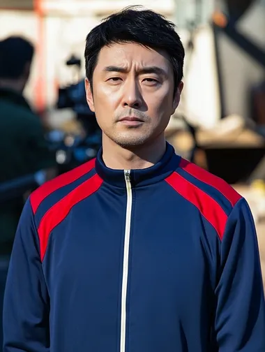 Realistic, high-quality photograph of a well-groomed Asian man dressed in the guard tracksuit from 'Squid Game,' on a typical filming set. The mans face should have natural, human-like features, with realistic skin texture, no smoothing or artificial effects. His facial expression should be neutral, resembling a real actor in a natural, candid moment. The background should show an everyday filming environment, with elements like softbox lights, cameras on tripods, crew members working, and basic props like chairs and cables scattered around. The atmosphere should feel authentic, with the set appearing cluttered but realistic, and the lighting should be soft and natural, with no blur or distortion in the image. The full-body shot should focus on the actor in the middle of a relaxed filming moment, with clear details and no stylization. The photo was taken on iPhone, in casual. Posted on snapchat.   --s 50