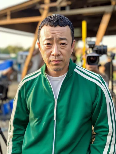 Realistic, high-quality photograph of a well-groomed Asian man dressed in the guard tracksuit from 'Squid Game,' on a typical filming set. The mans face should have natural, human-like features, with realistic skin texture, no smoothing or artificial effects. His facial expression should be neutral, resembling a real actor in a natural, candid moment. The background should show an everyday filming environment, with elements like softbox lights, cameras on tripods, crew members working, and basic props like chairs and cables scattered around. The atmosphere should feel authentic, with the set appearing cluttered but realistic, and the lighting should be soft and natural, with no blur or distortion in the image. The full-body shot should focus on the actor in the middle of a relaxed filming moment, with clear details and no stylization. The photo was taken on iPhone, in casual. Posted on snapchat.   --s 50
