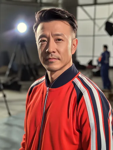 Realistic, high-quality photograph of a well-groomed Asian man dressed in the guard tracksuit from 'Squid Game,' on a typical filming set. The mans face should have natural, human-like features, with realistic skin texture, no smoothing or artificial effects. His facial expression should be neutral, resembling a real actor in a natural, candid moment. The background should show an everyday filming environment, with elements like softbox lights, cameras on tripods, crew members working, and basic props like chairs and cables scattered around. The atmosphere should feel authentic, with the set appearing cluttered but realistic, and the lighting should be soft and natural, with no blur or distortion in the image. The full-body shot should focus on the actor in the middle of a relaxed filming moment, with clear details and no stylization. The photo was taken on iPhone, in casual. Posted on snapchat.   --s 50
