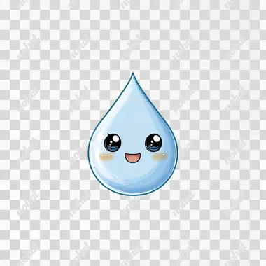 A light-blue teardrop-shaped water droplet, positioned centrally in the image, is depicted as a kawaii character. The droplet has large, round, light-brown eyes, a small, smiling mouth, and small, rounded light-brown cheeks. The character's expression is cheerful and happy. The droplet is against a plain, white background. The colors are bright and cheerful, and the overall style is simple and cartoonish, suitable for children's content. The perspective is a direct front view. The droplet's form is smooth and simple, reflecting the stylized cartoon character design. The image has a soft, friendly, and playful atmosphere.